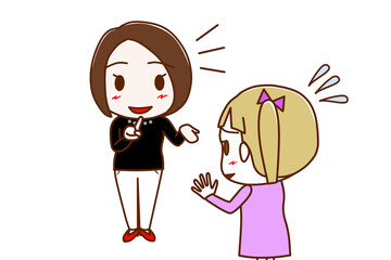 (複数)笑顔で一生懸命説明する女性と焦って断ろうと困惑している白人少女