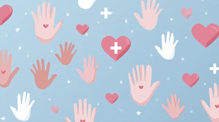 Vibrant Blue Background with Playful Pink and White Hands and Hearts Creating a Joyful Atmosphere