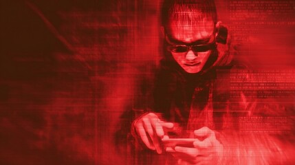 a close up portrait of a person using a cell phone, overlaid with digital effects that give it an otherworldly appearance