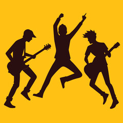 Three rock musicians playing guitars in silhouette