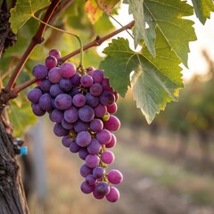 Fototapeta premium Ripe purple grapes hanging on a vine in a vineyard at sunset