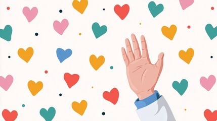 A Hand Reaching Up to a Wall Adorned with Colorful Hearts Symbolizing Love Connection and Emotion