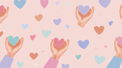 Gentle Hands Cradling Soft Hearts on a Delicate Pink Background Evoking Love and Compassionate Warmth