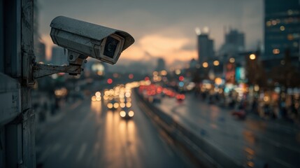 A surveillance camera captures activity on a bustling city street as evening settles in. Cars and pedestrians navigate the wet road, illuminated by traffic lights and shop windows.