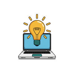 Bright Idea Laptop with Glowing Light Bulb Icon Representing Innovation and Inspiration