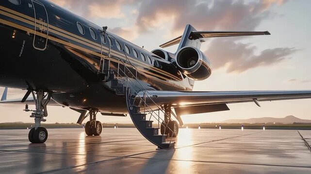 Luxurious black private jet with gold accents parked on the tarmac at sunset