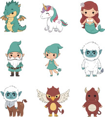 Whimsical Mythical Creatures Set: Dragon, Unicorn, Mermaid, Gnome, Elf, Yeti, Centaur, Griffin, Imp