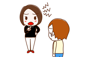 （複数）ガミガミと注意をする女性としょんぼりして涙を流す白人男性