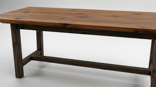 A simple, dark-wood dining table with a plank top and visible, sturdy legs