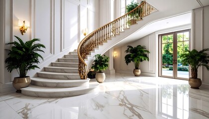 Luxurious Foyer with Marble Staircase and Abundant Natural Light and green plants