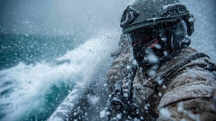 a scene of a military personnel on a ship during a stormy sea. the soldier, wearing a camouflage uniform, is braving the weather with a determined expression