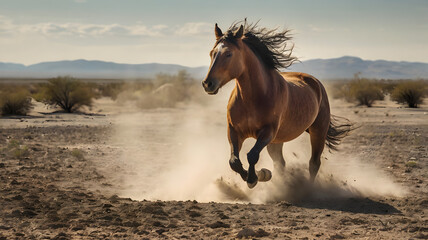 Mustang horse rolling on the ground in dusty field