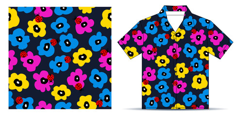 Seamless pattern of colorful flowers and ladybugs, T-shirt mockup template design. Vector Illustration.