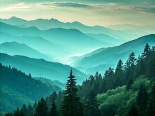 Misty blue mountain range with evergreen forest at sunrise