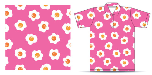 Vector Seamless Pattern with Fried Eggs, pink t-shirt, T-shirt mockup template design. Vector Illustration.