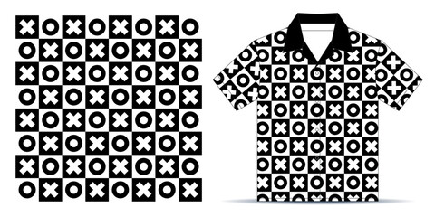 xoxo seamless pattern with white and black plaid background, T-shirt mockup template design. Vector Illustration.