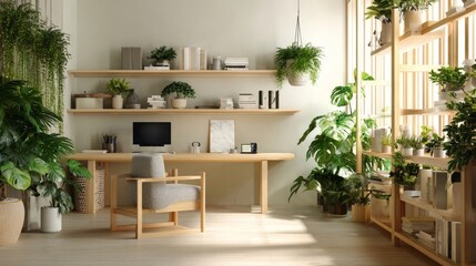 an interior room with a clean, modern aesthetic, featuring a corner desk area with a chair and computer setup, as well as a small side table