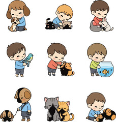 Adorable Children with Pets: Vector Illustration Set