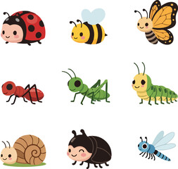 Cute Cartoon Insects: Ladybug, Bee, Butterfly, Ant, Grasshopper, Caterpillar, Snail, Beetle, Dragonfly
