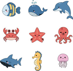 Cute Sea Animals Cartoon Collection on White Background