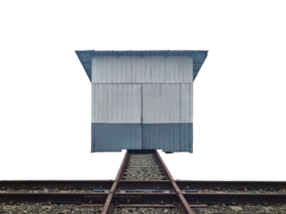 Train rails splitting in two under a clear sky, emphasizing infrastructure complexity and the dual nature of transportation systems and navigation. Isolated on white background, transparent PNG