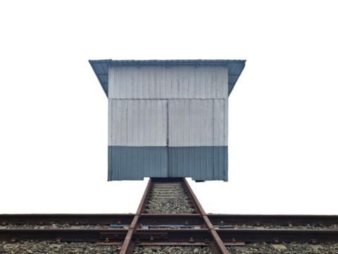 Train rails splitting in two under a clear sky, emphasizing infrastructure complexity and the dual nature of transportation systems and navigation. Isolated on white background, transparent PNG