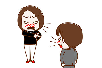 (複数)怒って指さして怒鳴る女性と怒りで対抗して言い合う男子学生