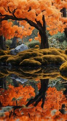 Serene Autumnal Japanese Garden Orange Foliage, Mossy Terrain, and Reflective Pond Landscape View