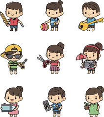 Cute Cartoon Kids with Hobbies and Tools Collection