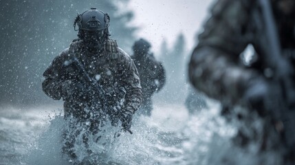 the image is an action oriented photograph featuring two soldiers in a dynamic waterborne environment. they appear to be crossing a flooded area with determination