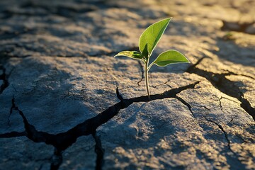 Small Green Sprout Growing Through Cracked Earth, Representing New Life and Resilience Symbolism