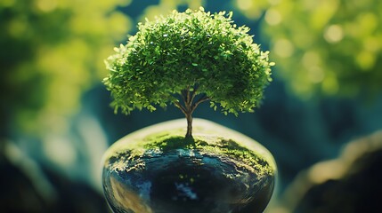 Small Tree Thriving on a Globe, Symbolizing Environmental Preservation and Sustainable Growth Concept