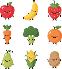 Happy Cartoon Fruits and Vegetables Characters