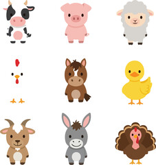 Farm Animals Vector Icons: Cute Cartoon Style Set