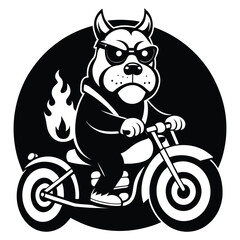 Tough pitbull dog riding a motorcycle with flames