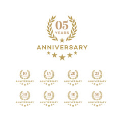 Anniversary Badges  Gold Laurel Wreath Design Set 5, 10, 15, 20, 25, 30, 35, 40, 50 Years