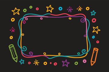 Colorful handdrawn chalk frame with stars, dots, and swirls, featuring two crayons on the sides, creating a playful and artistic border for text or images on a black background