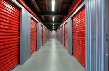 Modern Industrial Storage Unit Corridor with Red Metal Roller Shutters, Concrete Floor, and Recessed Lighting