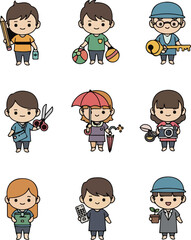 Cartoon Figures Representing Diverse Professions and Hobbies