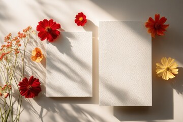 Elegant flat lay of blank white textured paper sheets surrounded by vibrant red, orange, and yellow flowers with soft shadows and natural lighting