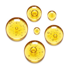 Fototapeta premium Golden yellow bubble oil or serum isolated on white background. Serum drops with air bubbles. Collagen gel, cosmetic product for skin care, lotion or essence droplets