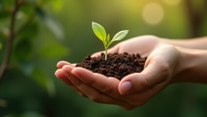 Hands cradling rich soil nurturing a tiny green seedling with sunlight filtering through leaves
