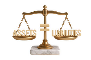 A balanced scale with gold letters reading 'ASSETS' on one side and 'LIABILITIES' on the other, symbolizing financial balance.