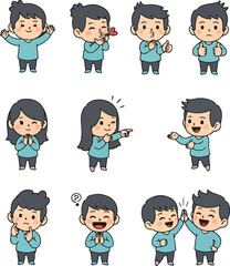 Cartoon Character Poses: Boy and Girl Expressions