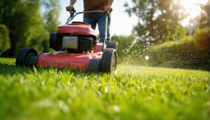 Man mowing lawn with red lawnmower on sunny day, creating fresh and vibrant outdoor scene.