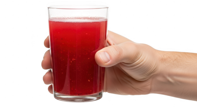 Hand holding glass of red juice isolated on transparent background
