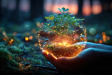 Vibrant environmental conservation concept with a young tree glowing in a hand amidst lush green forest at sunset symbolizing growth and sustainability