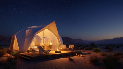 Modern luxury tented house with illuminated interior and outdoor seating in desert landscape at night under starry sky