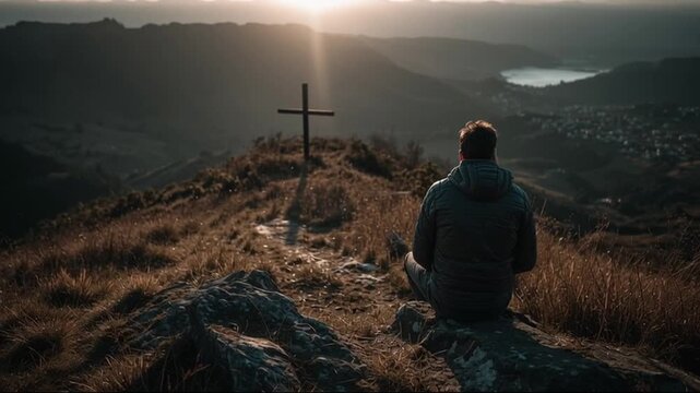 A person contemplating at a cross on a mountaintop at sunset. 