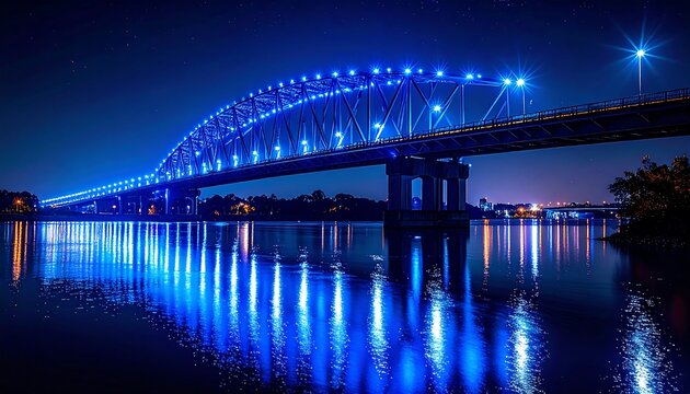 Majestic bridge illuminated with vivid blue lights reflecting on the water surface below